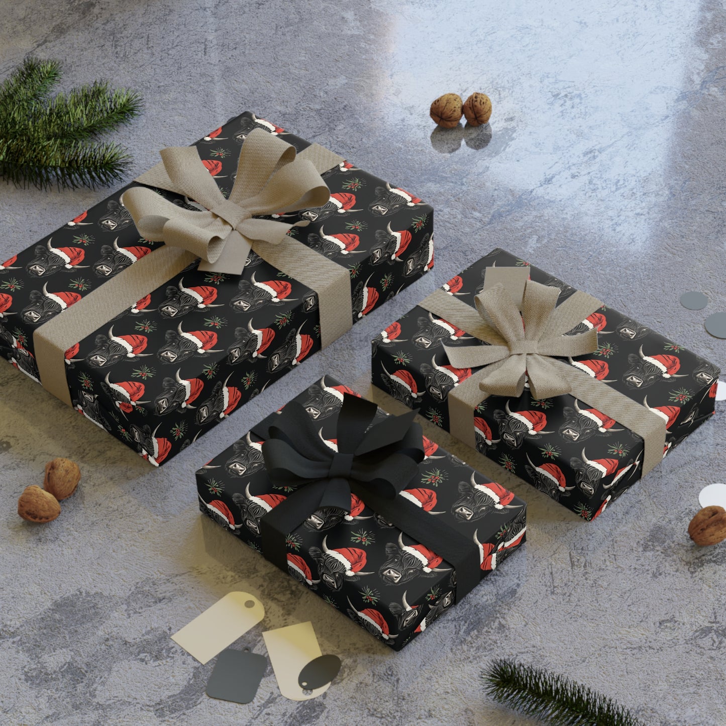 Santa Hats and Bulls Christmas Wrapping Paper Roll | Gift Wrap