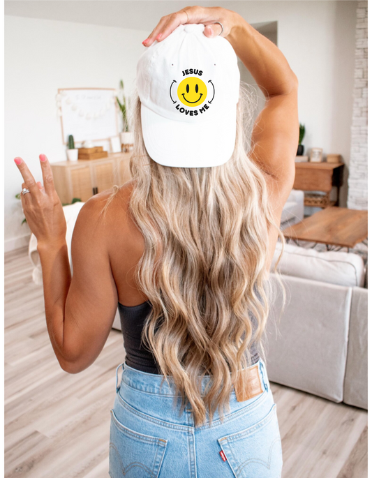 Adult - Embroidered Happy Face Jesus Loves Me Classic Cap