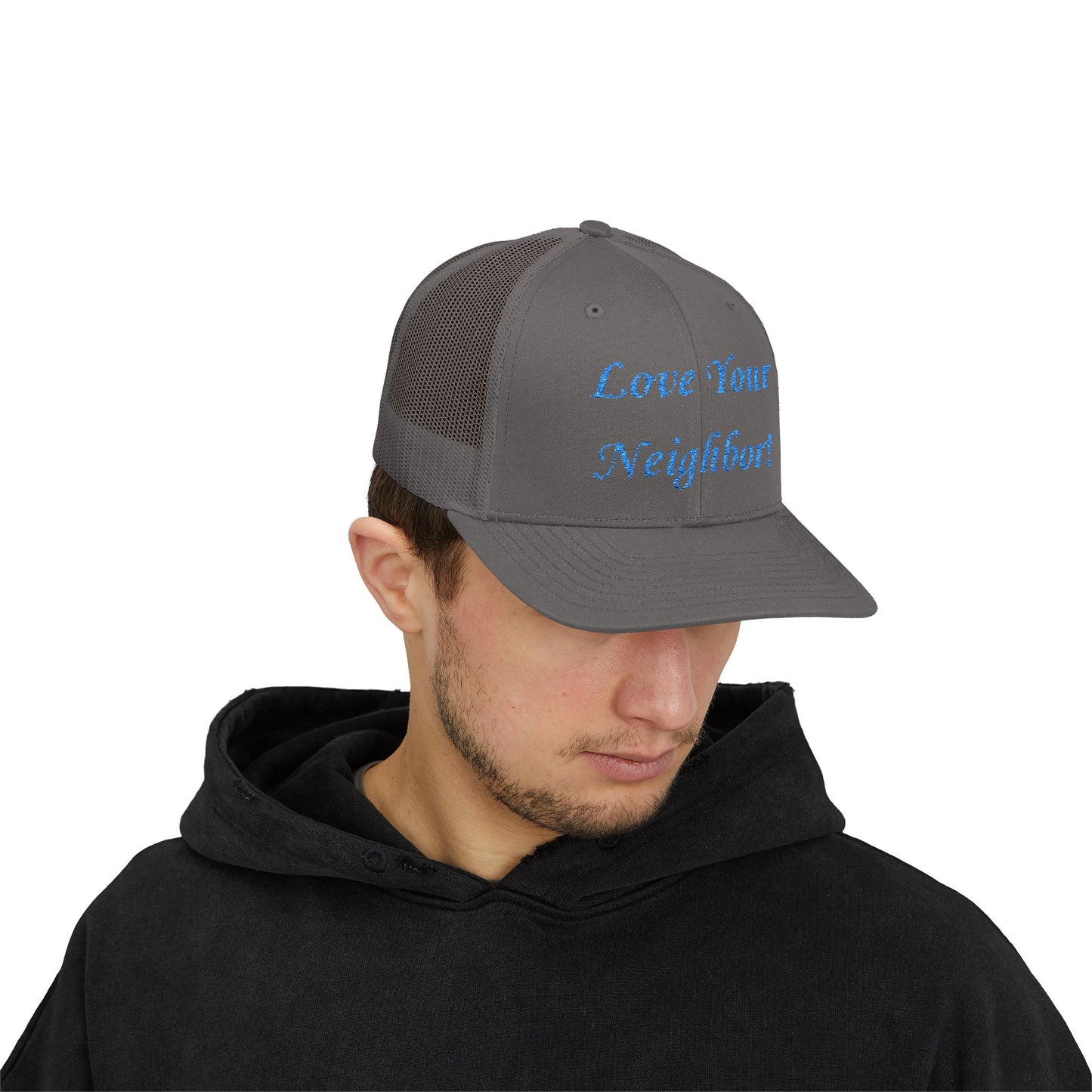 Adult Embroidered Love Your Neighbor Snapback Trucker Cap