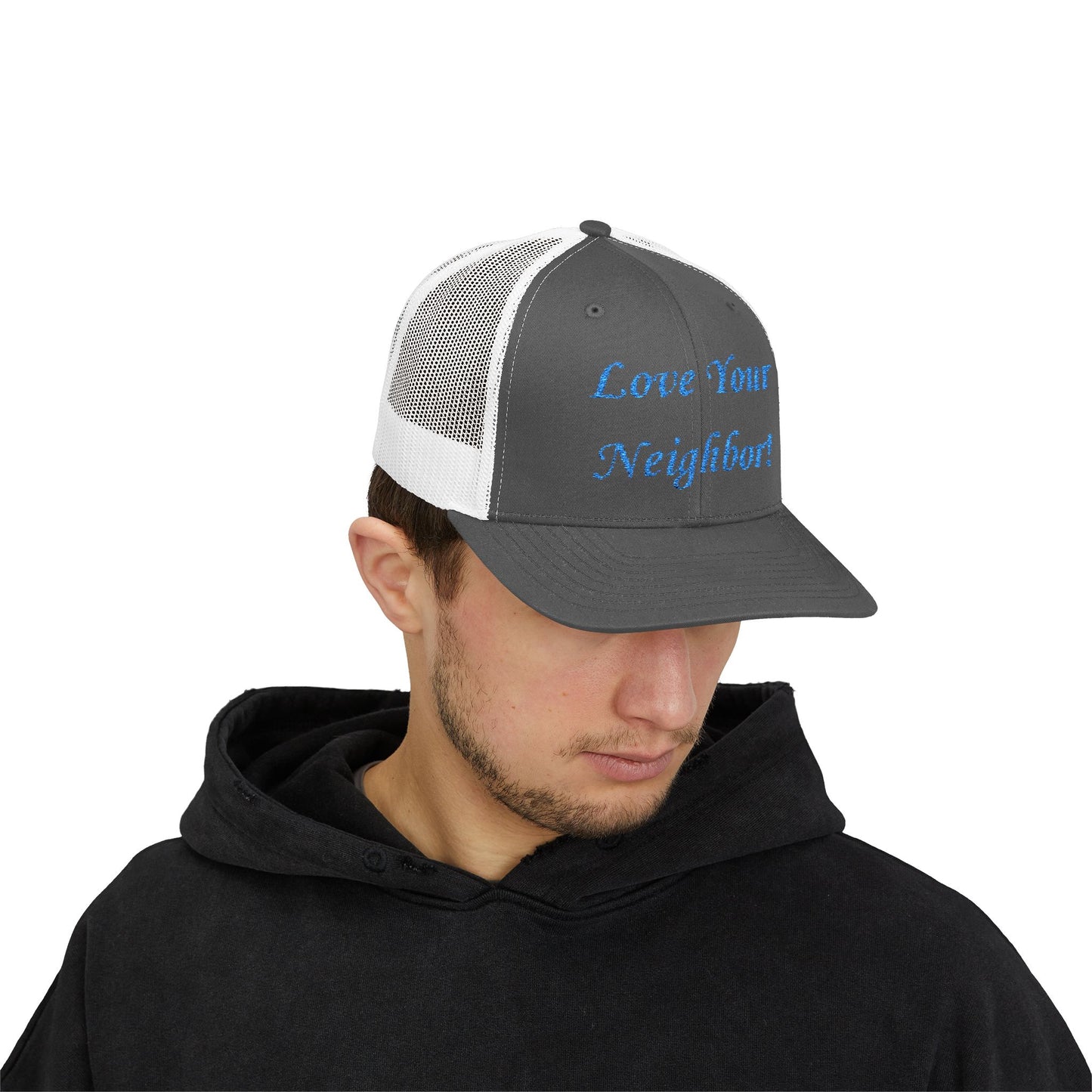 Adult Embroidered Love Your Neighbor Snapback Trucker Cap