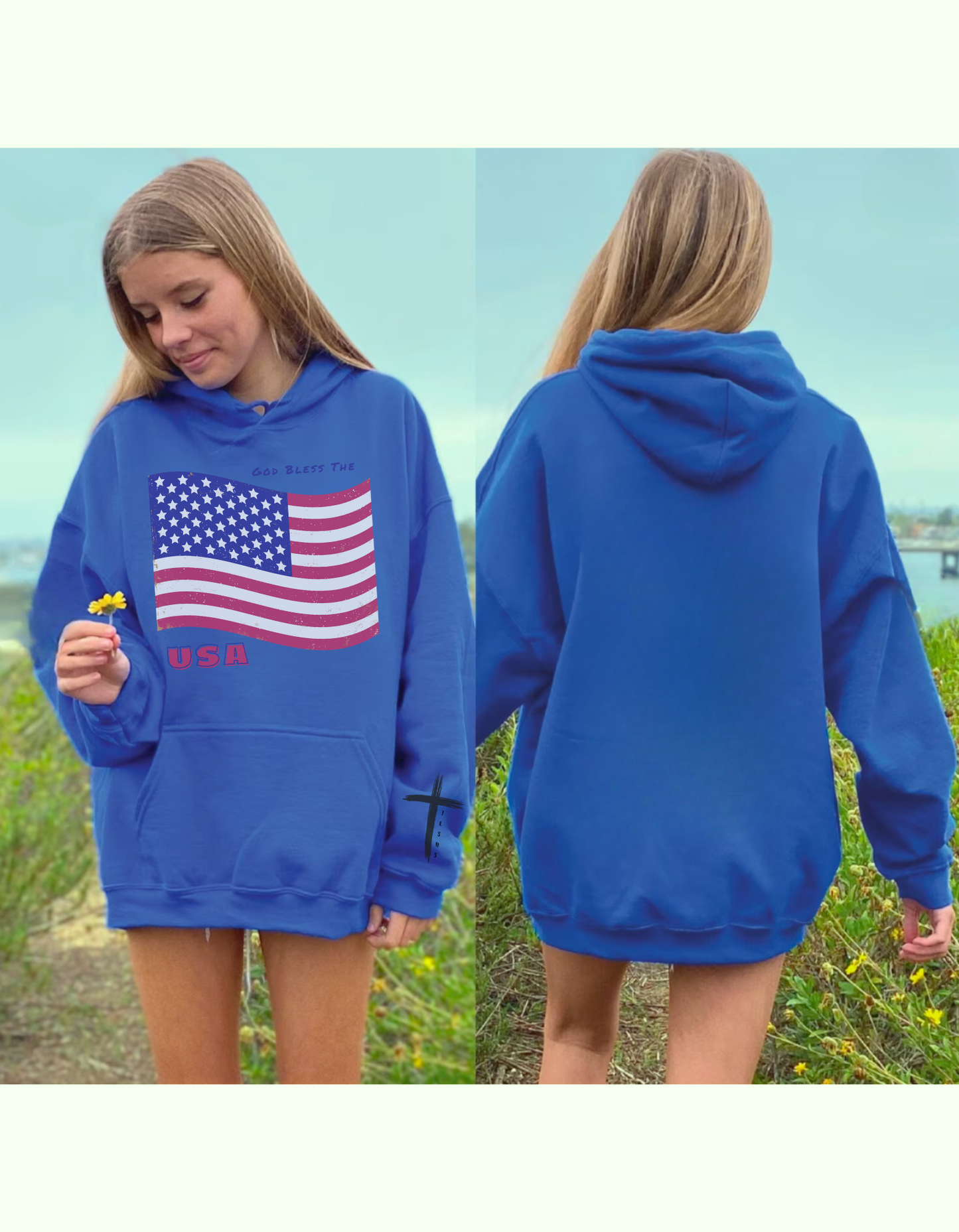 Adult Unisex Patriotic USA Flag Hoodie, God Bless the USA, Faith-Inspired Apparel