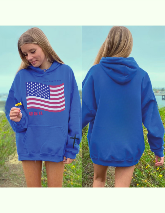 Adult Unisex Patriotic USA Flag Hoodie, God Bless the USA, Faith-Inspired Apparel